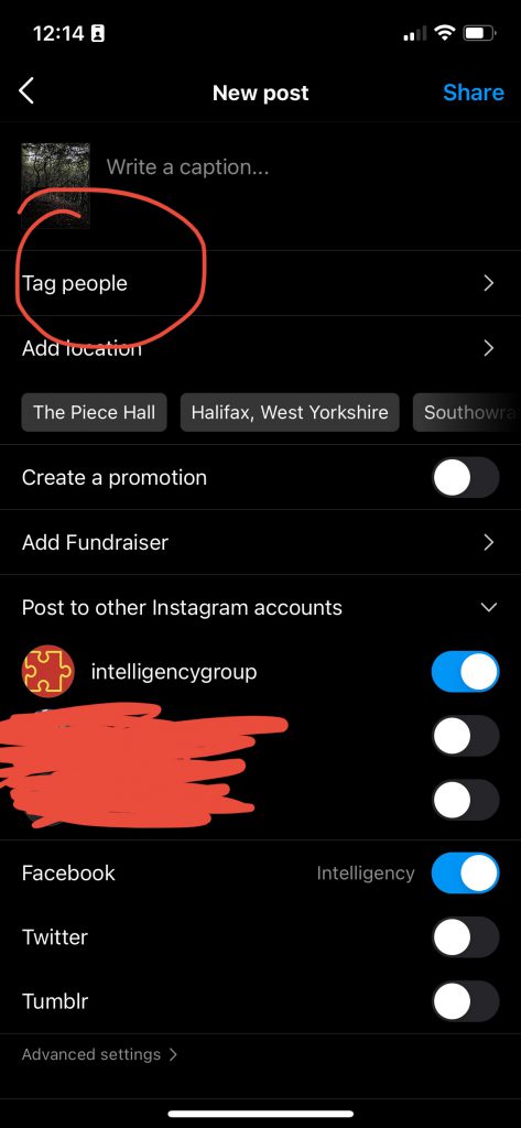 An Image highlighting the Tag People button on Instagram