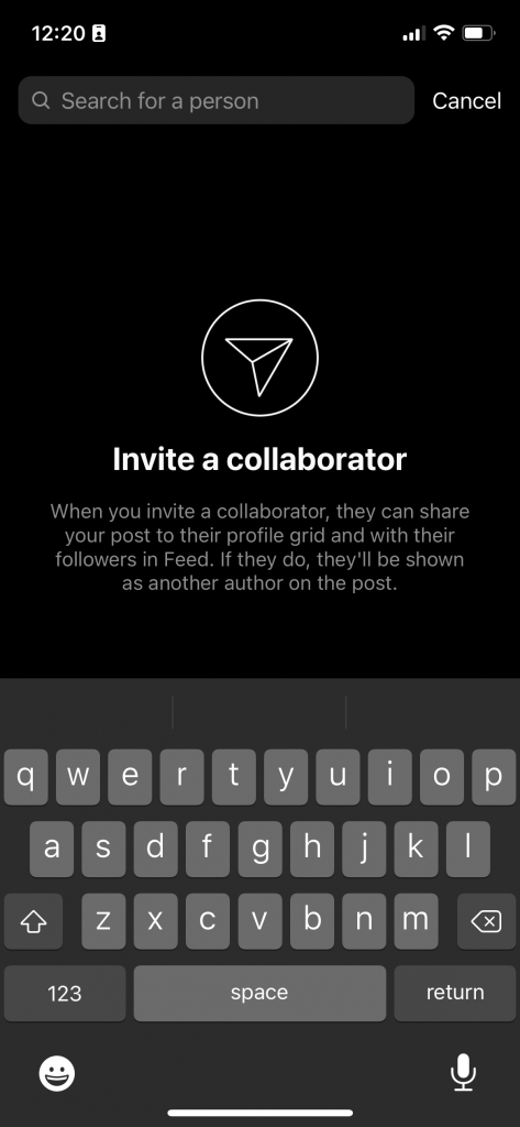 An Image highlighting the Invite Collaborator screen on Instagram