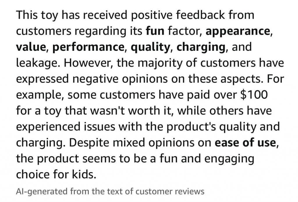 an AI summary of the product reviews for a toy.