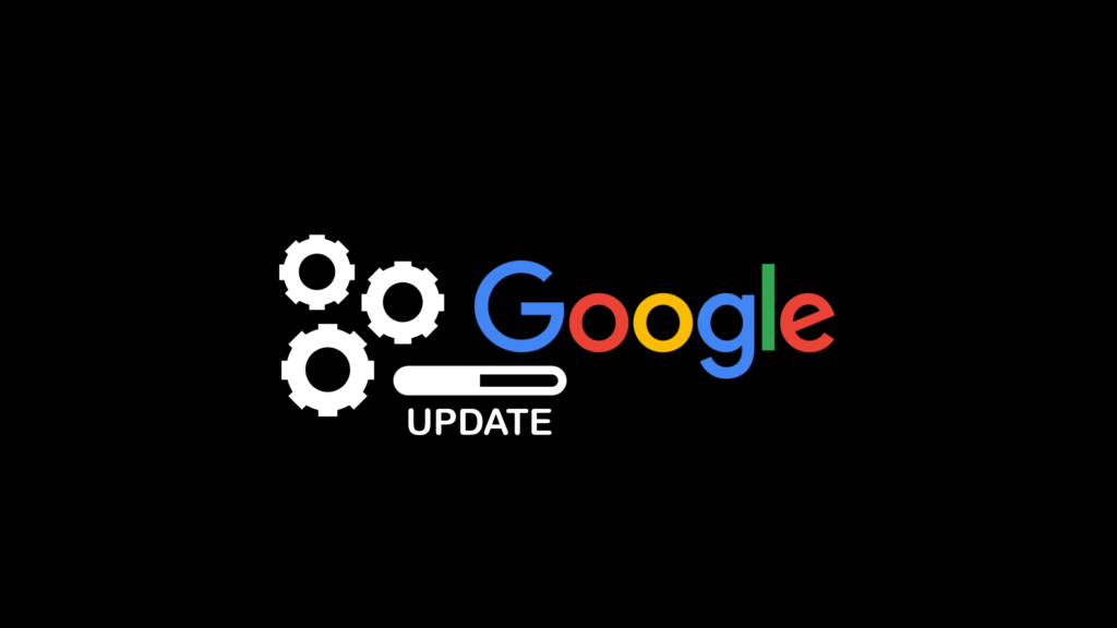 The google logo next to some cogs with "update" below the text. all on a black background.