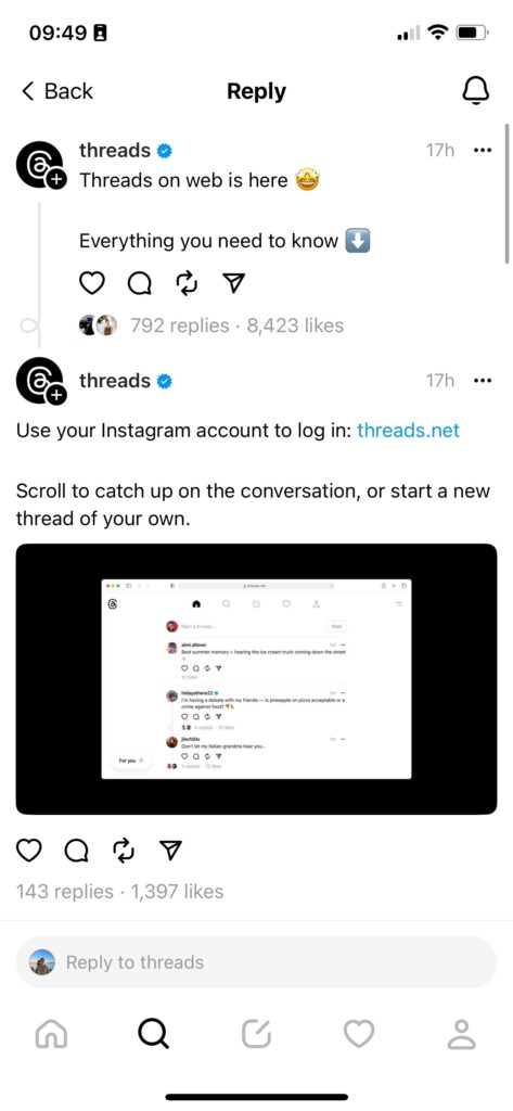An image of a Threads thred announcing how to get into Threads on desktop. 