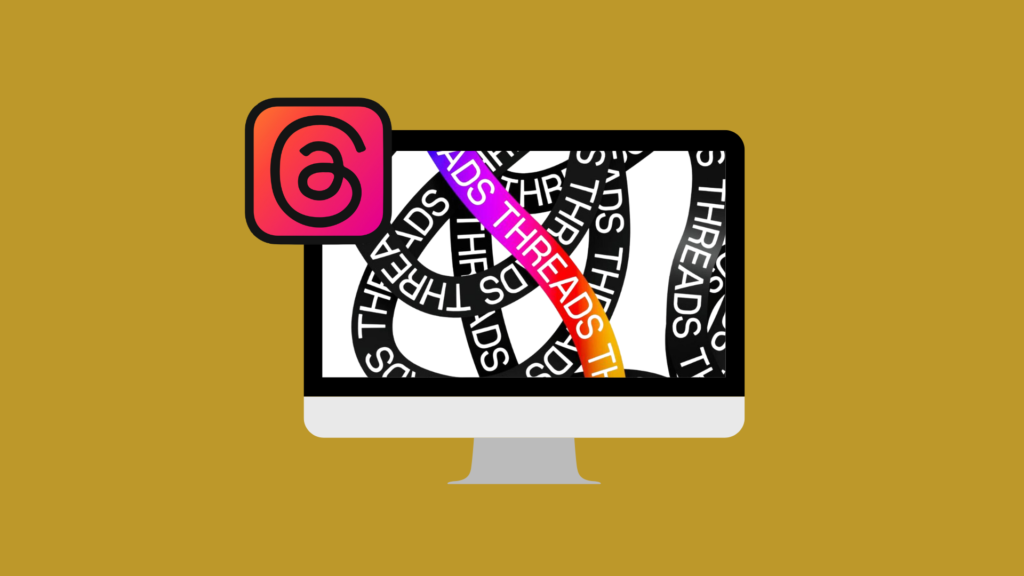 An image of the threads logo on a computer screen on a mustard background.