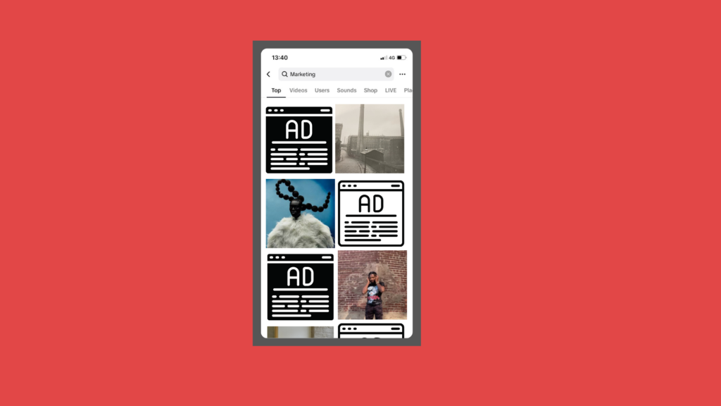 An image of the tiktok search results with ads on with a red background. 